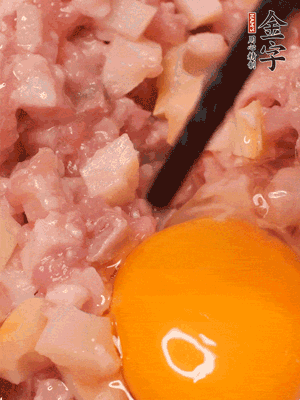 豬肉末、咸肉丁，分次加蔥姜水，一勺糖、一丟白胡椒，春筍丁，打入一個雞蛋